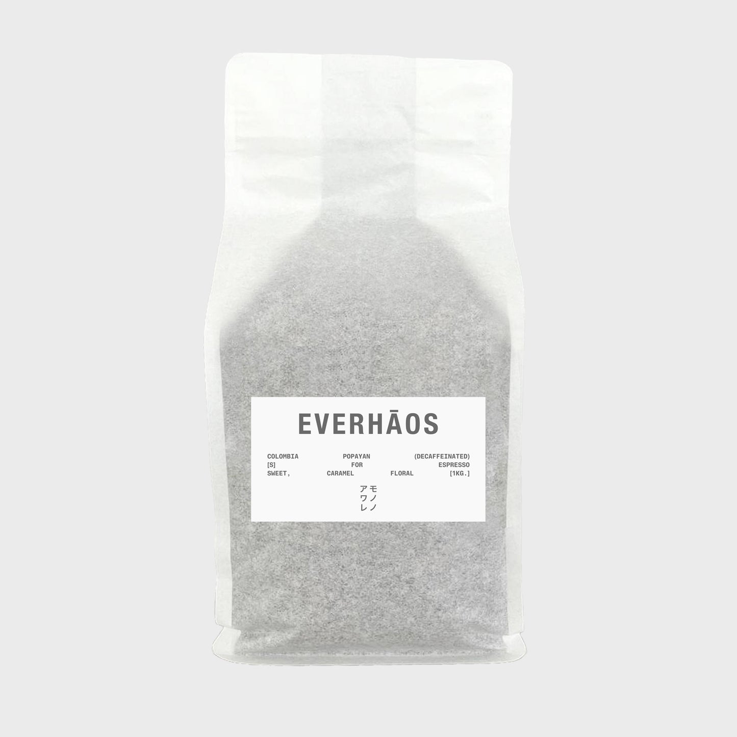 Everhaos Colombia Popayan decaffeinated natural coffee beans for espresso with tasting notes: sweet, caramel floral, 1 kg, rice paper package with stiker frontside