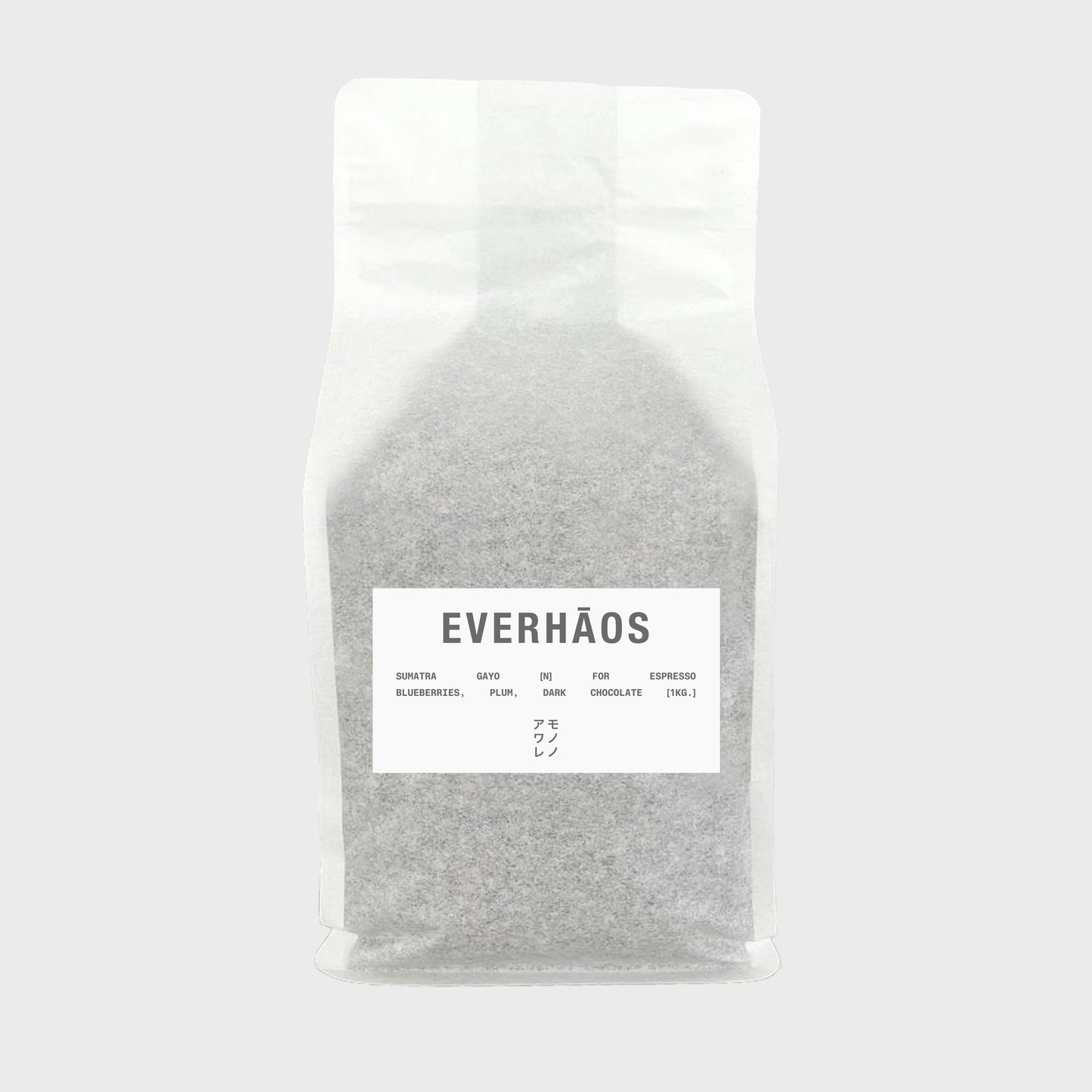 Everhaos Sumatra Gayo natural coffee beans for espresso with tasting notes: blueberries, plum, dark chocolate, 1 kg, rice paper package with stiker frontside