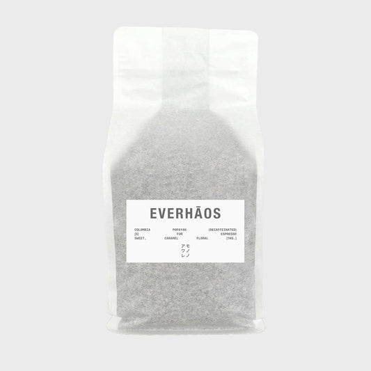 Everhaos Colombia Popayan decaffeinated natural coffee beans for espresso with tasting notes: sweet, caramel floral, 1 kg, rice paper package  with stiker frontside