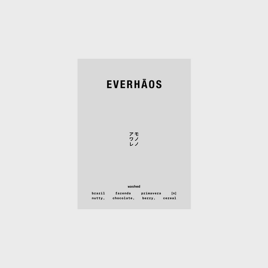 Everhaos Brazil Fazenda Primavera natural  coffee dripbags with tasting notes: nutty, chocolate, berry, cereal, in dripbox form.
white box